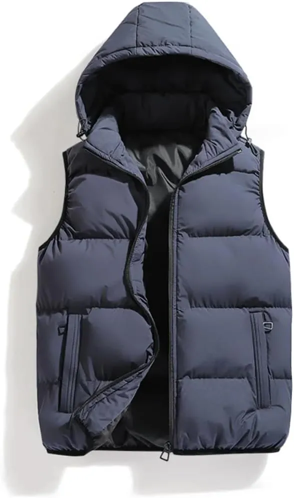 Hooded Vest Jacket Men Puffer Sleeveless Cotton Padded Keep Warm Thicken Autumn Winter Coats Detachable Hood