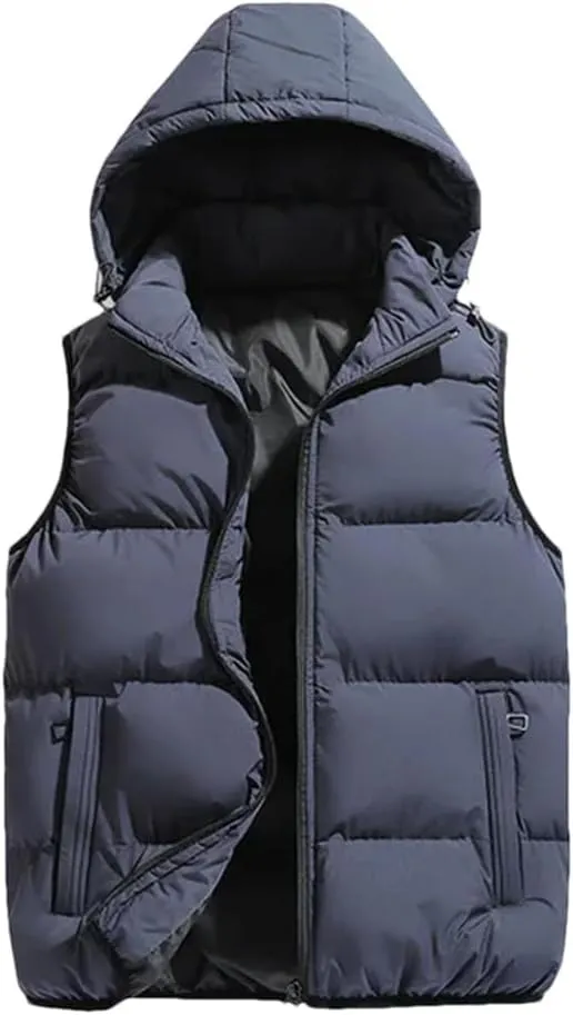 Hooded Vest Jacket Men Puffer Sleeveless Cotton Padded Keep Warm Thicken Autumn Winter Coats Detachable Hood