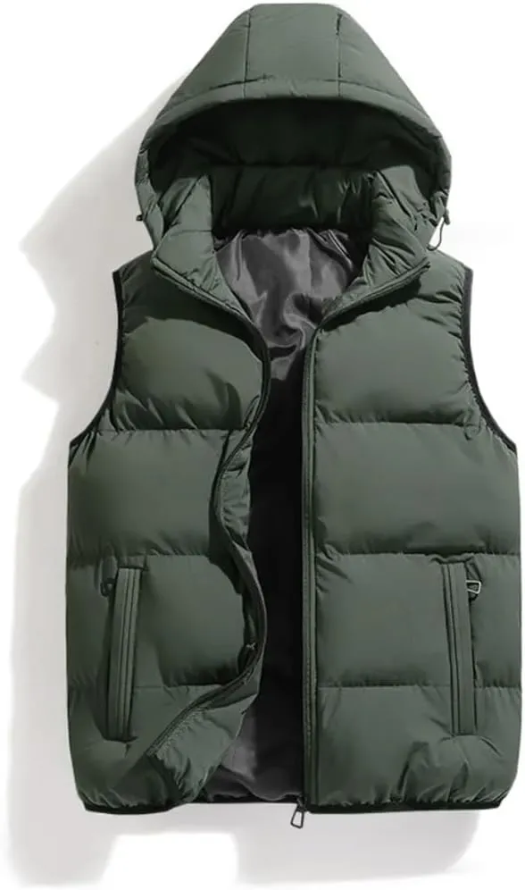 Hooded Vest Jacket Men Puffer Sleeveless Cotton Padded Keep Warm Thicken Autumn Winter Coats Detachable Hood
