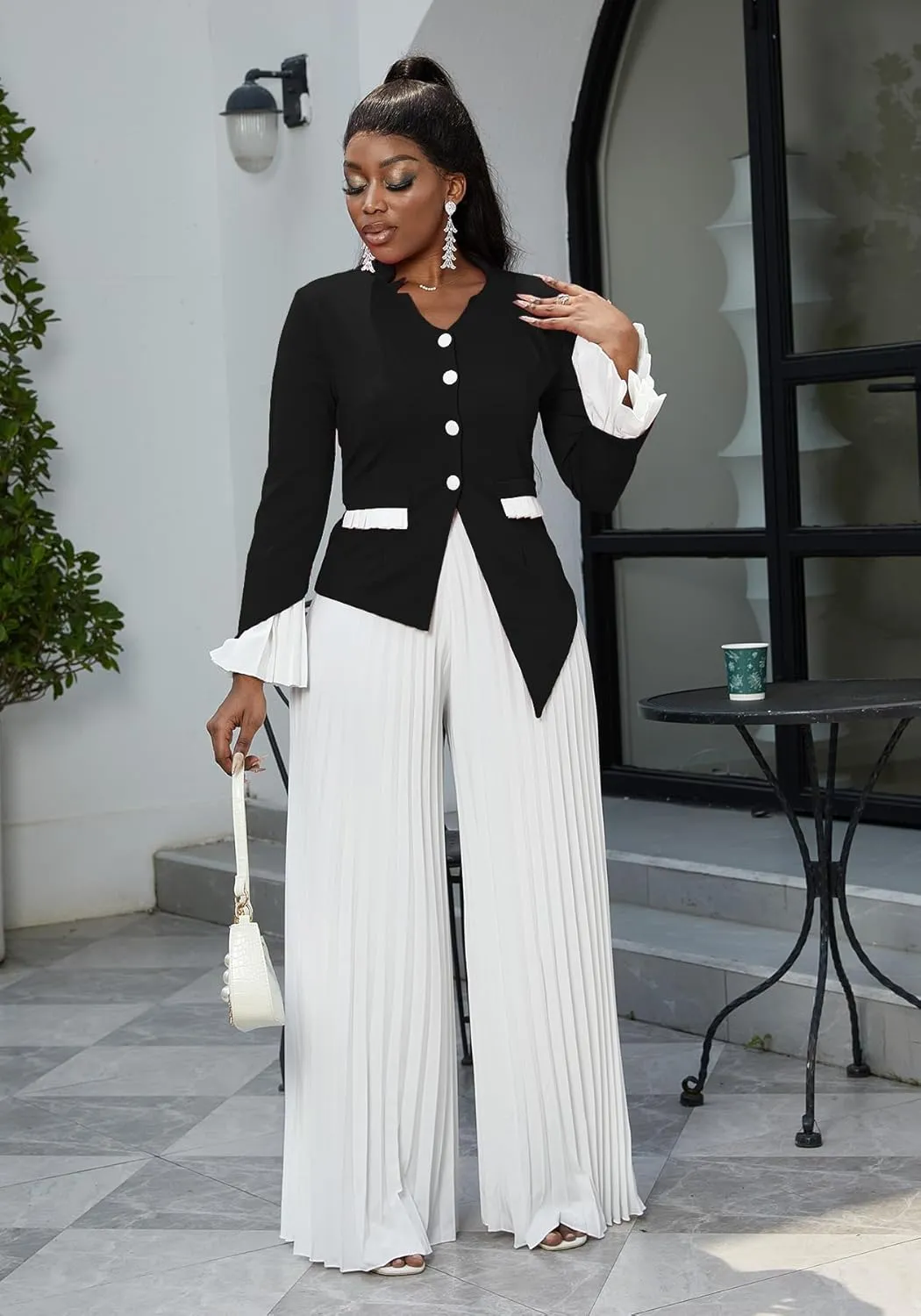 HuiSiFang Womens Suits 2 Piece Set Business Elegant Long Sleeve Blazer Dressy Chiffon Wide Leg Pants