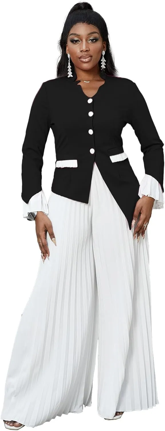 HuiSiFang Womens Suits 2 Piece Set Business Elegant Long Sleeve Blazer Dressy Chiffon Wide Leg Pants