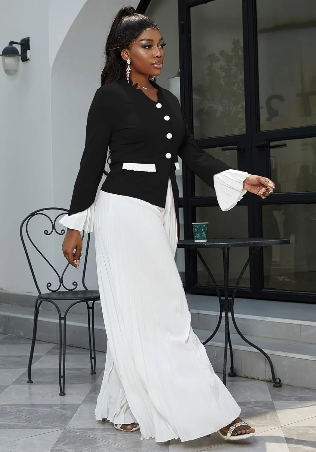 HuiSiFang Womens Suits 2 Piece Set Business Elegant Long Sleeve Blazer Dressy Chiffon Wide Leg Pants