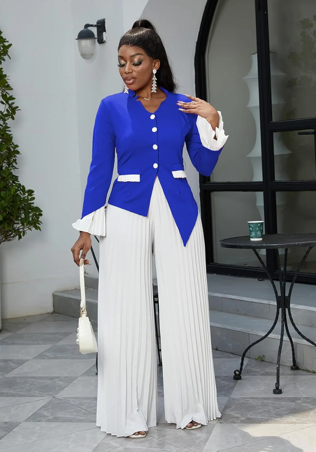 HuiSiFang Womens Suits 2 Piece Set Business Elegant Long Sleeve Blazer Dressy Chiffon Wide Leg Pants