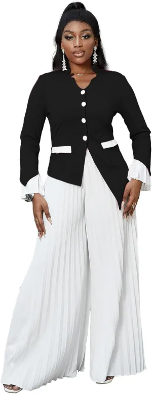 HuiSiFang Womens Suits 2 Piece Set Business Elegant Long Sleeve Blazer Dressy Chiffon Wide Leg Pants
