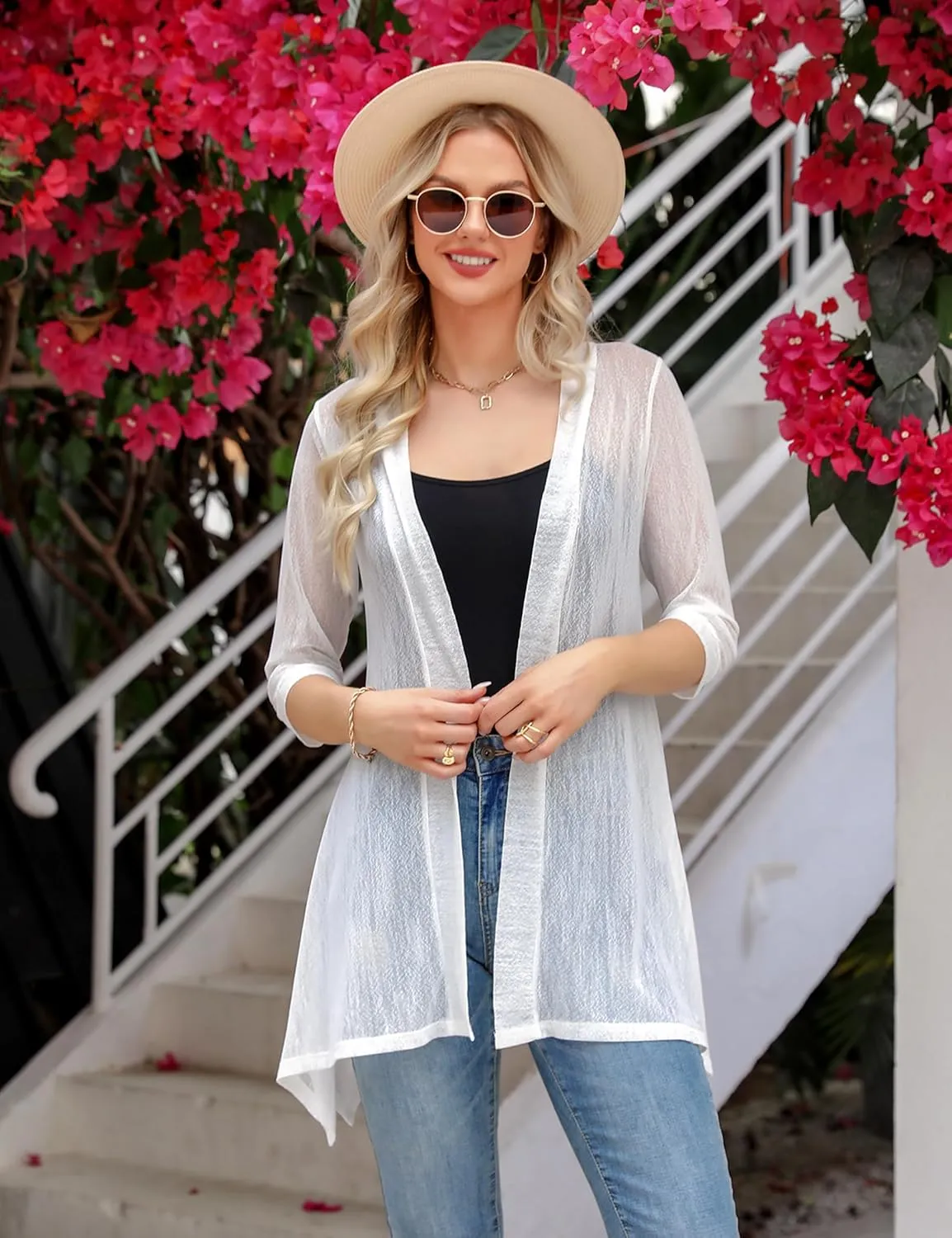 iClosam Women 3/4 Sleeve Cardigan Sweater Casual Sheer Open Front Kimono Cardigans Summer Trendy Beach Cover Ups