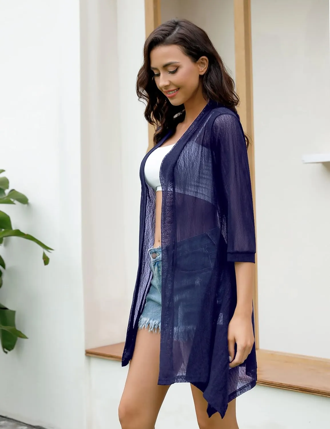 iClosam Women 3/4 Sleeve Cardigan Sweater Casual Sheer Open Front Kimono Cardigans Summer Trendy Beach Cover Ups