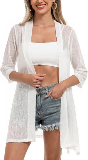 iClosam Women 3/4 Sleeve Cardigan Sweater Casual Sheer Open Front Kimono Cardigans Summer Trendy Beach Cover Ups
