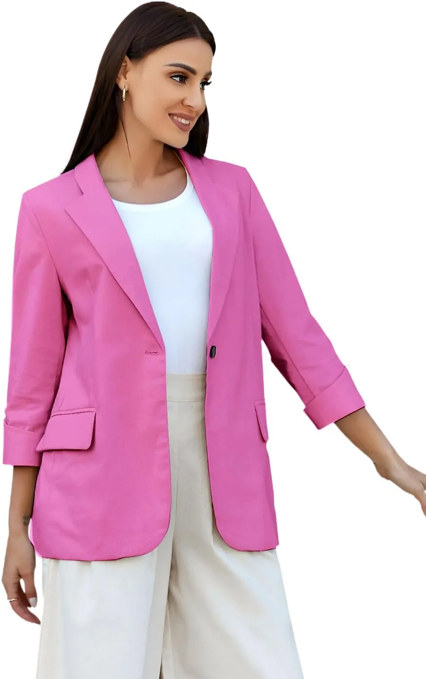 IDEALSANXUN Womens Linen Blazer Notch Lapel One Button Suit Coat Jackets