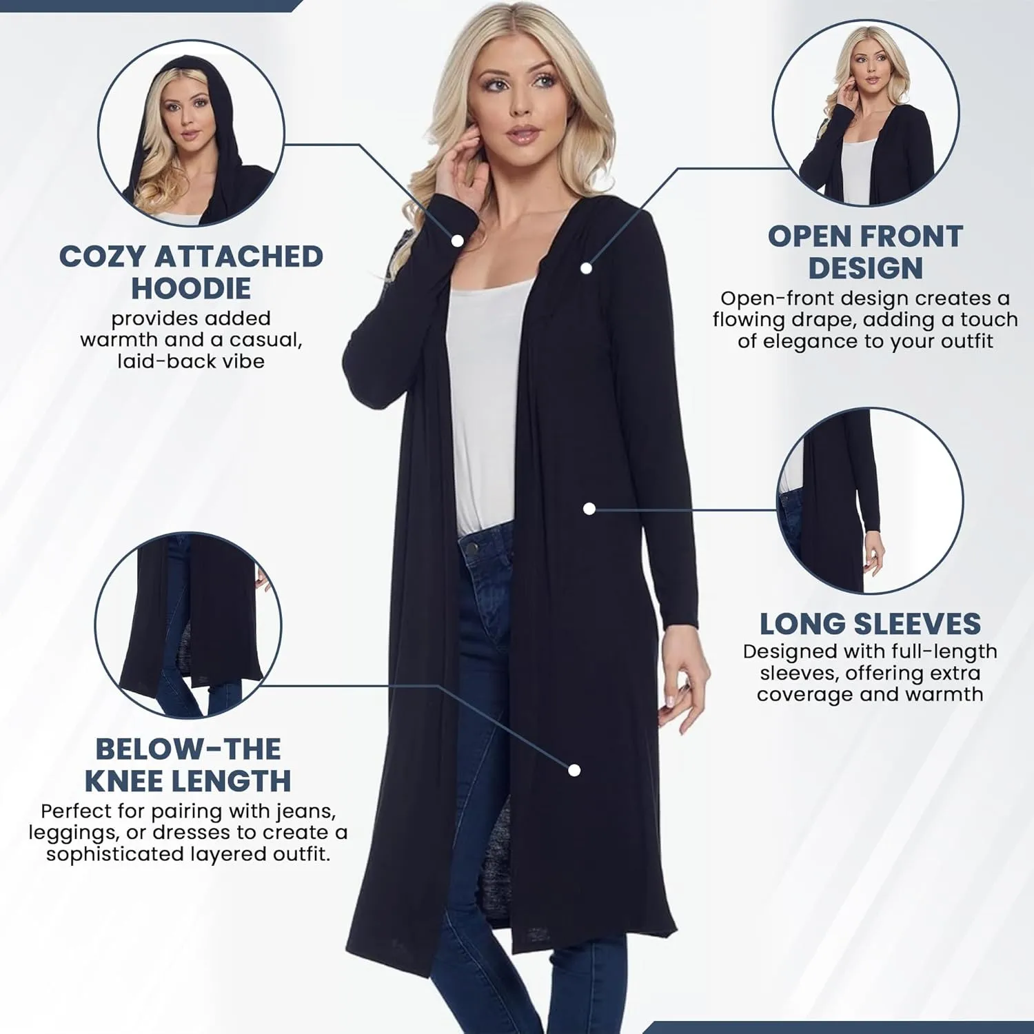 Isaac Liev Women's Hooded Cardigans Maxi Long Duster Lightweight Hoodie Extra Long Open Front Women Trendy Cardigan with Hood