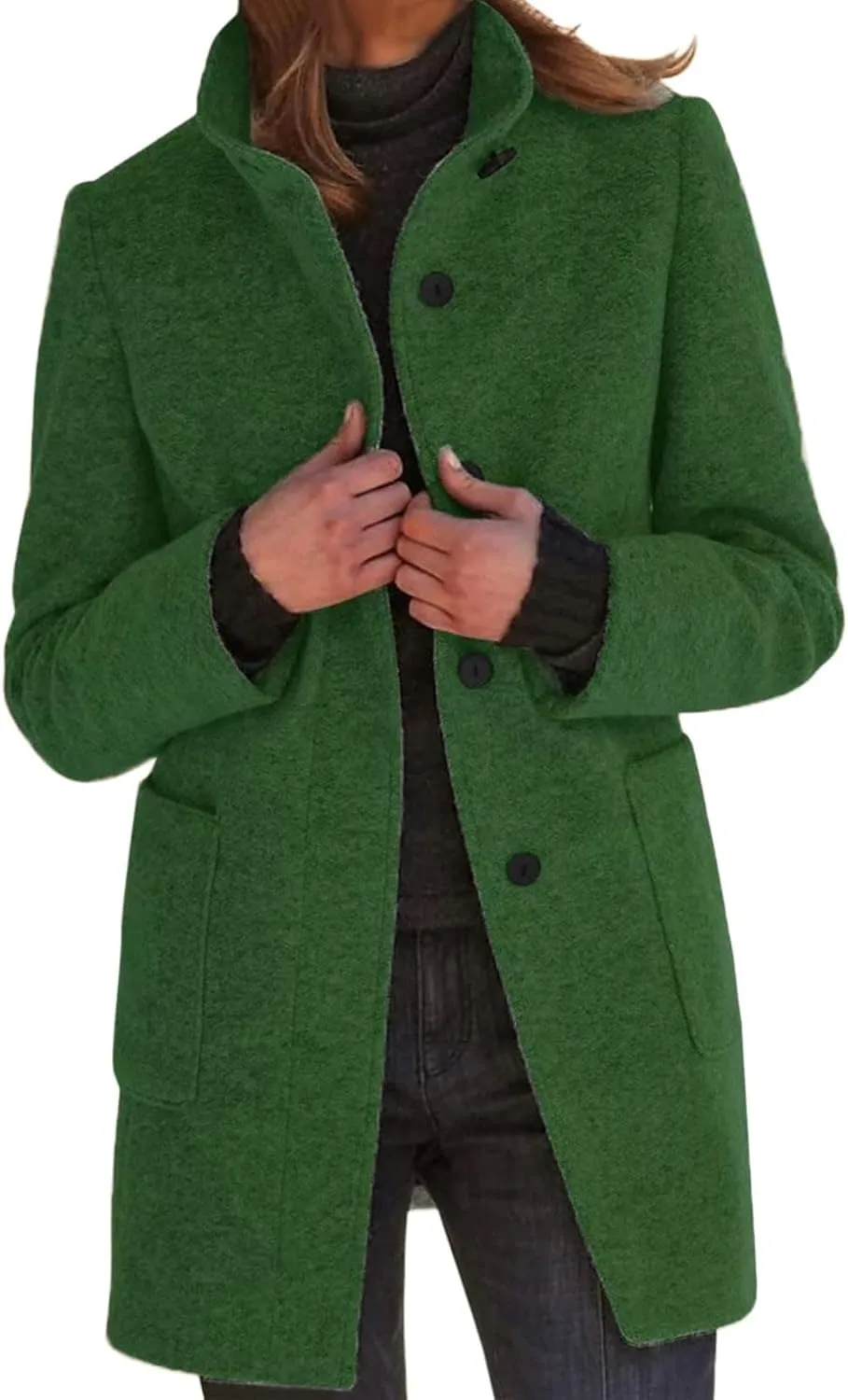 Kubbon Women's Winter Wool Blend Pea Coat Casual Single Breasted Stand Collar Trench Coat Thicken Warm Long Jacket Overcoat