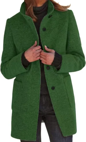 Kubbon Women's Winter Wool Blend Pea Coat Casual Single Breasted Stand Collar Trench Coat Thicken Warm Long Jacket Overcoat