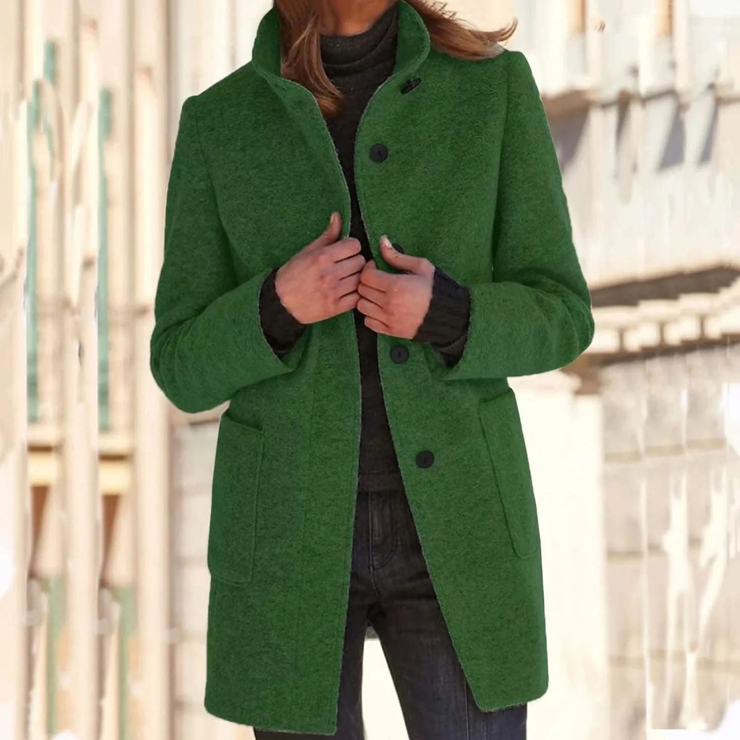 Kubbon Women's Winter Wool Blend Pea Coat Casual Single Breasted Stand Collar Trench Coat Thicken Warm Long Jacket Overcoat