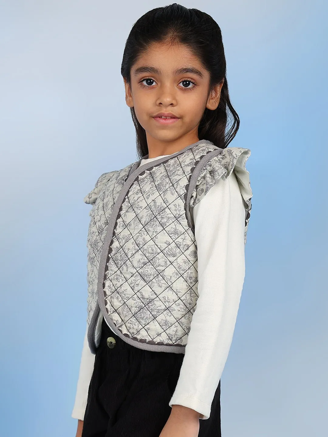 Laila Girls Round Neck Solid Sleeveless Casual Cotton Vest - Grey