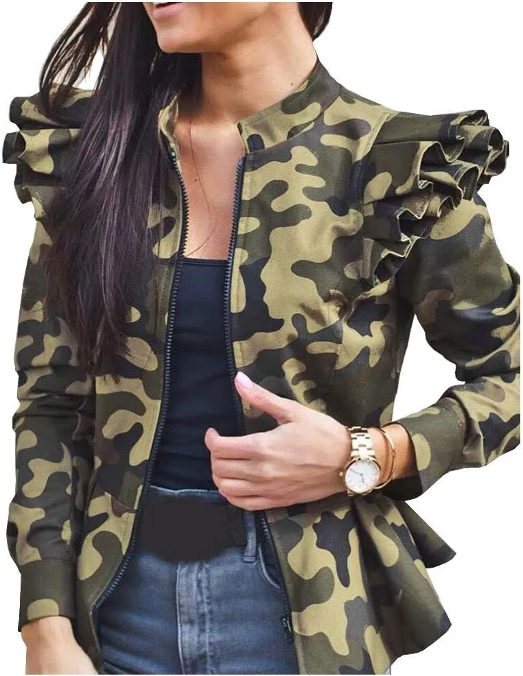 LifeShe Women's Zip up Ruffle Sleeve Peplum Camo Jacket Blazers