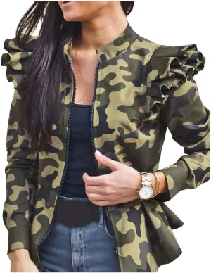 LifeShe Women's Zip up Ruffle Sleeve Peplum Camo Jacket Blazers