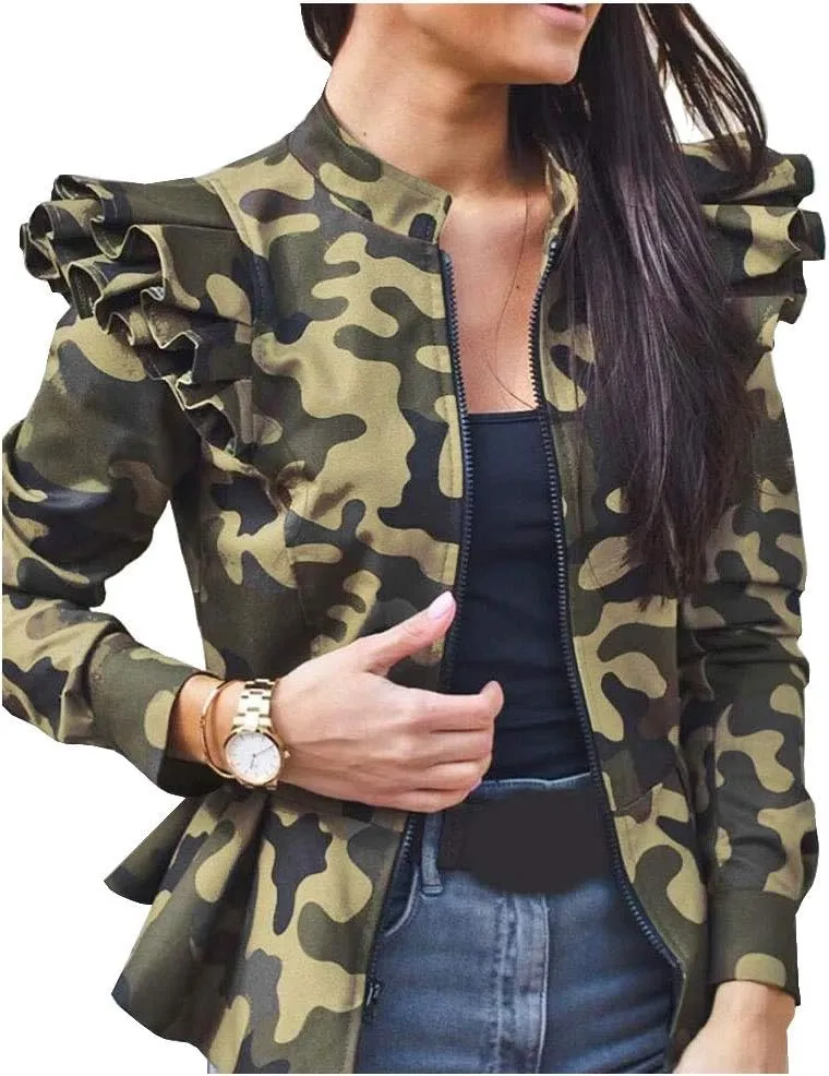 LifeShe Women's Zip up Ruffle Sleeve Peplum Camo Jacket Blazers