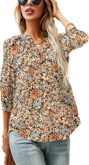 LOMON Women's Casual 3/4 Sleeve Henley V-Neck Button Up Pleated Back Blouses Swiss Dot Blouse Tops T-Shirts S-XXL