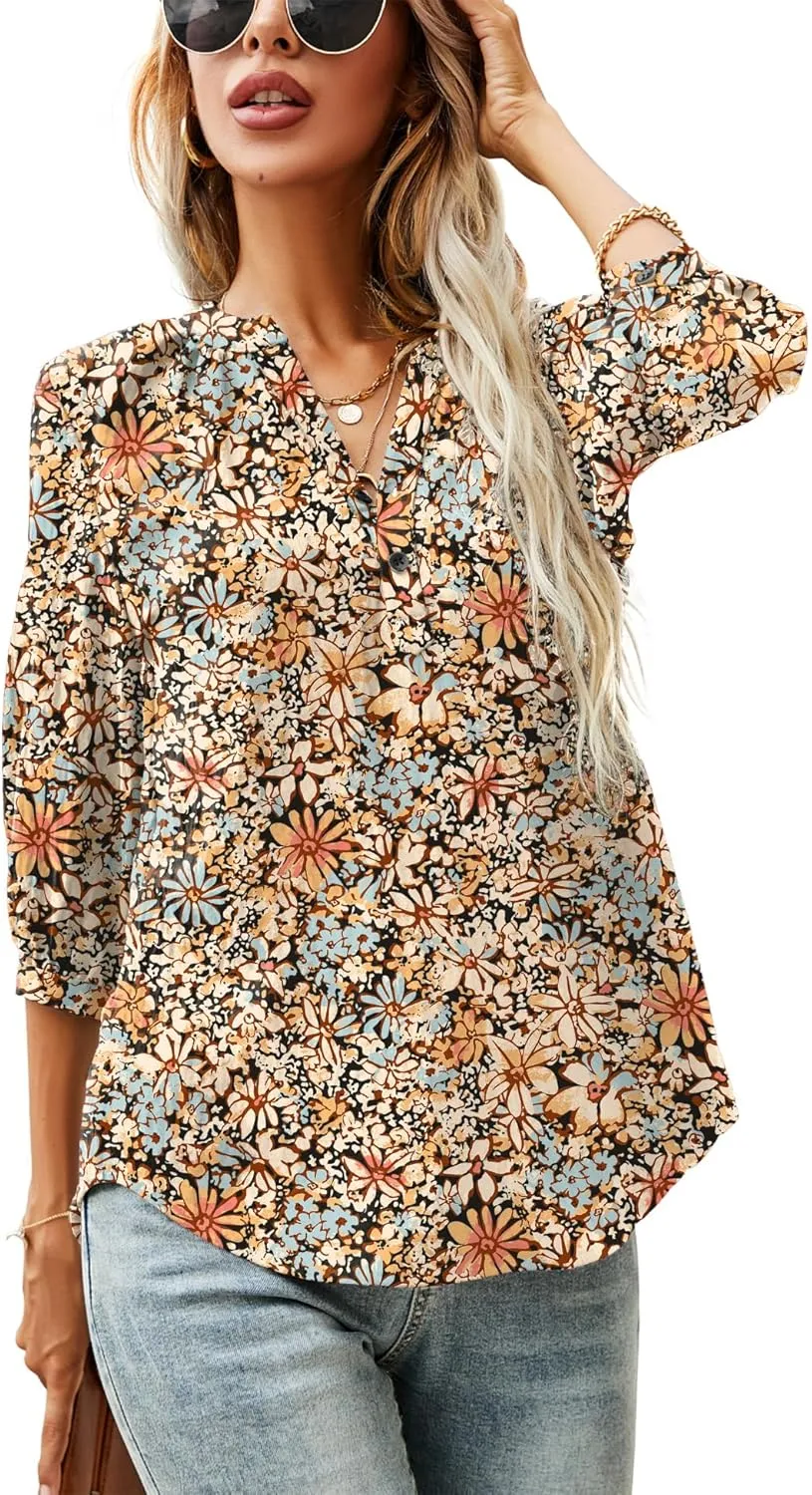 LOMON Women's Casual 3/4 Sleeve Henley V-Neck Button Up Pleated Back Blouses Swiss Dot Blouse Tops T-Shirts S-XXL
