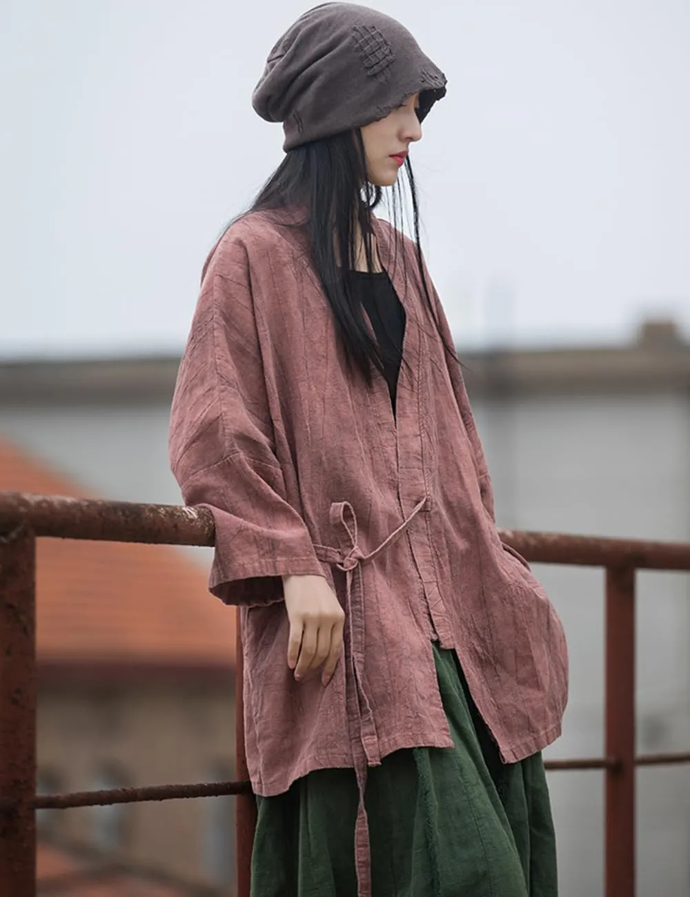 LUZU JUNU Women Open Front Kimono Jacket Cotton Linen Vintage Tie Dye Hanfu Lace-Up Cardigan