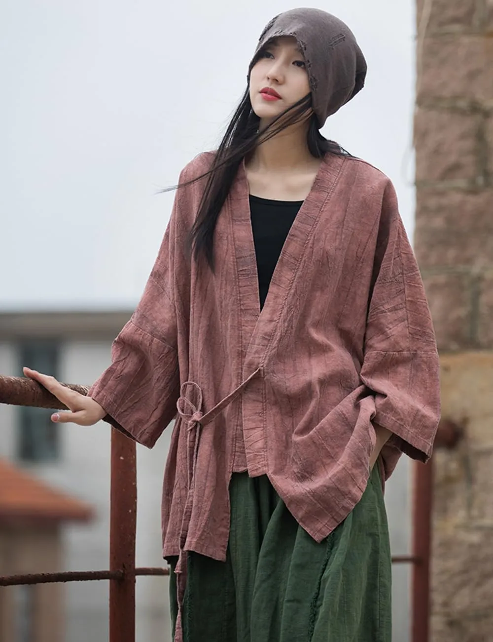 LUZU JUNU Women Open Front Kimono Jacket Cotton Linen Vintage Tie Dye Hanfu Lace-Up Cardigan