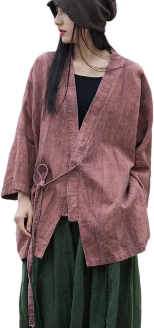 LUZU JUNU Women Open Front Kimono Jacket Cotton Linen Vintage Tie Dye Hanfu Lace-Up Cardigan