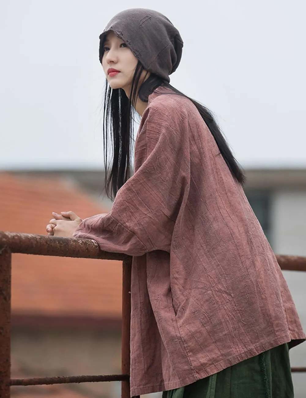 LUZU JUNU Women Open Front Kimono Jacket Cotton Linen Vintage Tie Dye Hanfu Lace-Up Cardigan