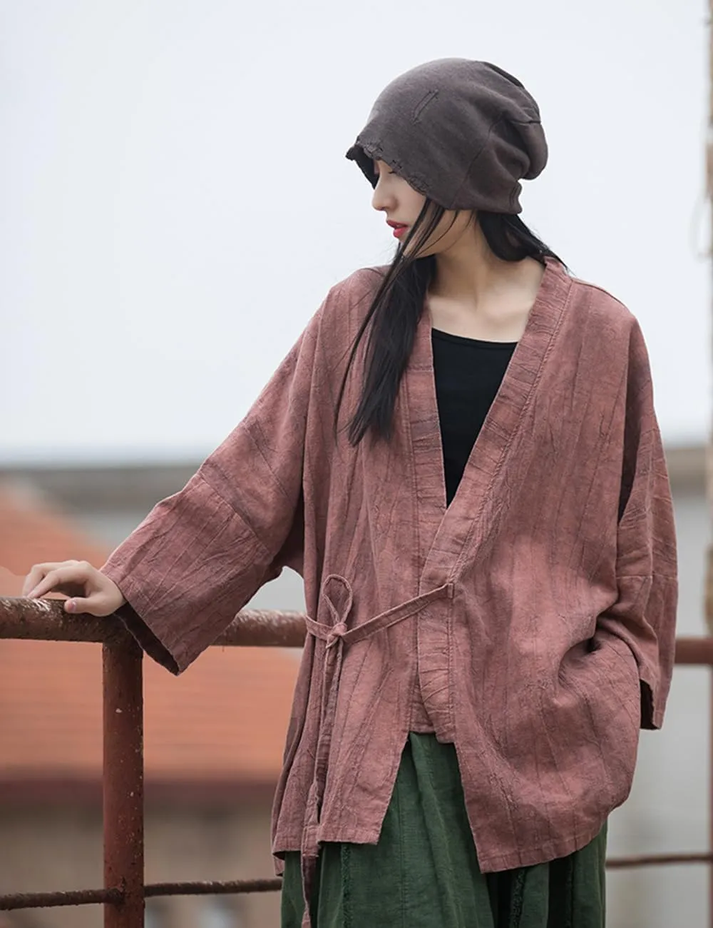 LUZU JUNU Women Open Front Kimono Jacket Cotton Linen Vintage Tie Dye Hanfu Lace-Up Cardigan