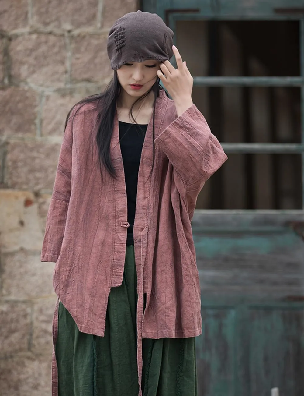 LUZU JUNU Women Open Front Kimono Jacket Cotton Linen Vintage Tie Dye Hanfu Lace-Up Cardigan