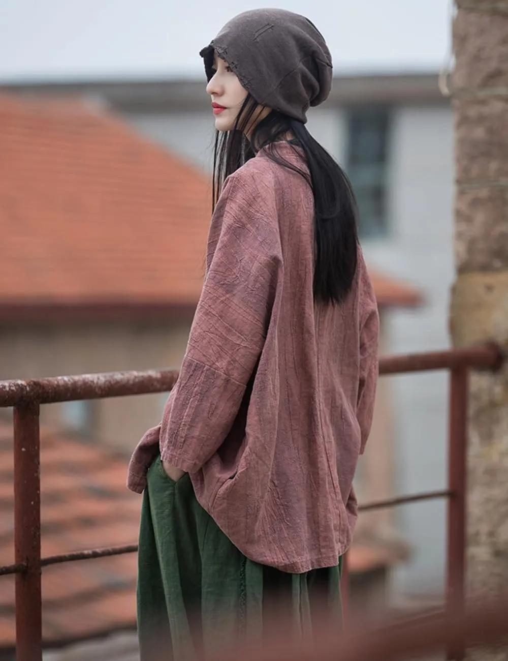 LUZU JUNU Women Open Front Kimono Jacket Cotton Linen Vintage Tie Dye Hanfu Lace-Up Cardigan