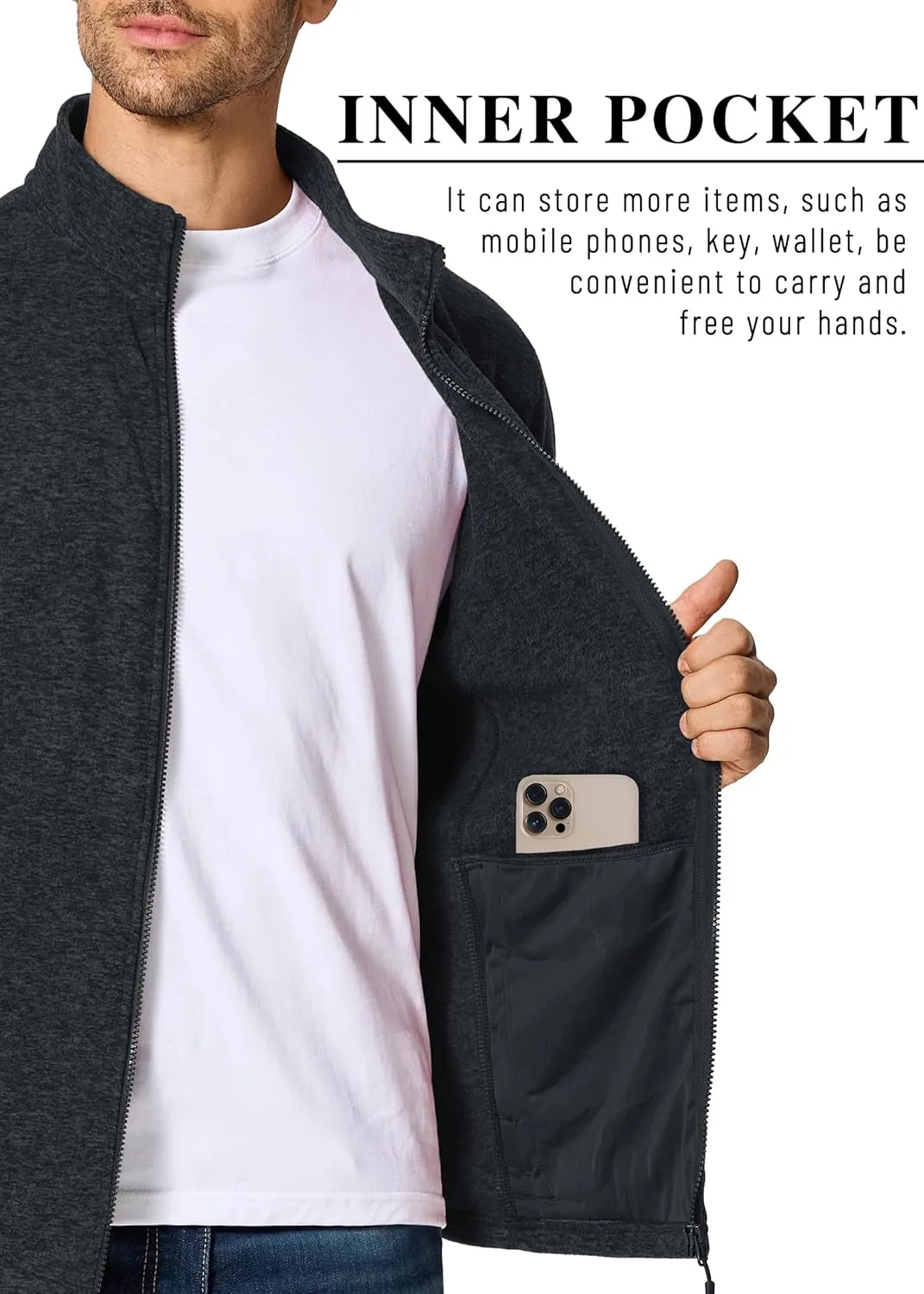MAGCOMSEN Men's Fleece Full Zip Jacket Lightweight Stand Collar Jackets Soft Warm Windproof Casual Coats with Zipper Pockets