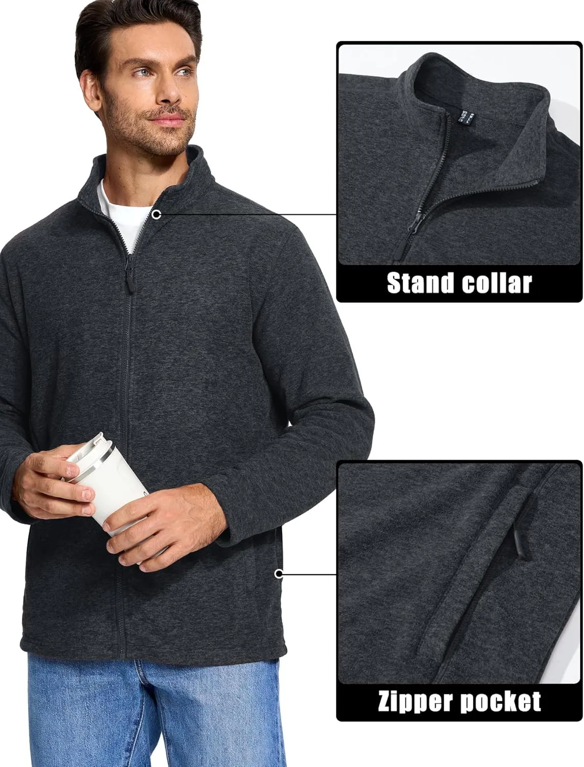 MAGCOMSEN Men's Fleece Full Zip Jacket Lightweight Stand Collar Jackets Soft Warm Windproof Casual Coats with Zipper Pockets