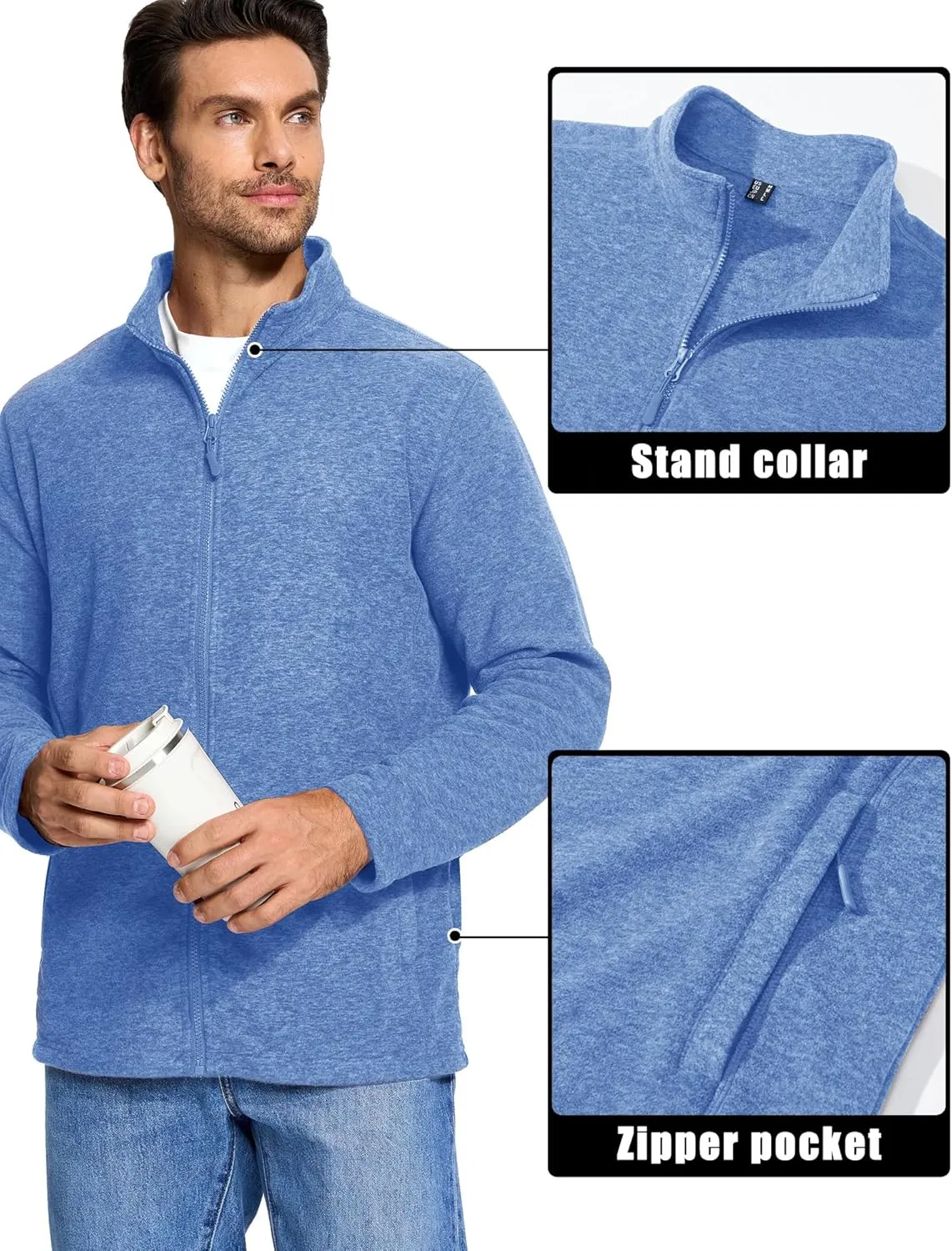 MAGCOMSEN Men's Fleece Full Zip Jacket Lightweight Stand Collar Jackets Soft Warm Windproof Casual Coats with Zipper Pockets