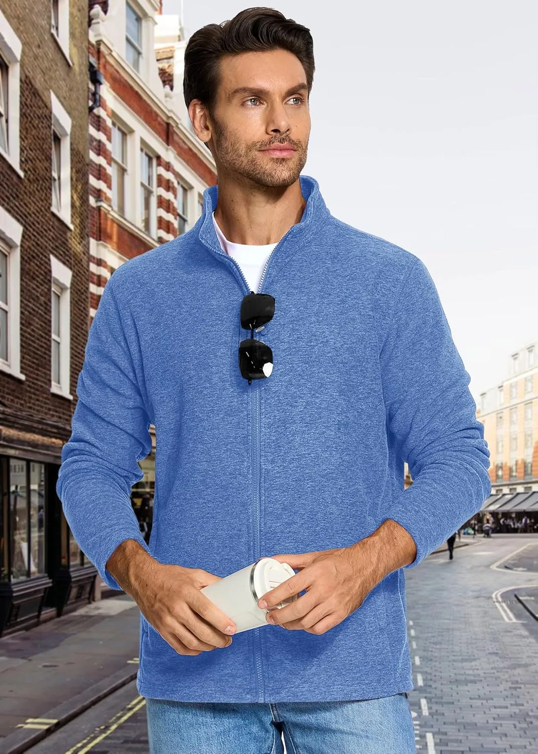 MAGCOMSEN Men's Fleece Full Zip Jacket Lightweight Stand Collar Jackets Soft Warm Windproof Casual Coats with Zipper Pockets