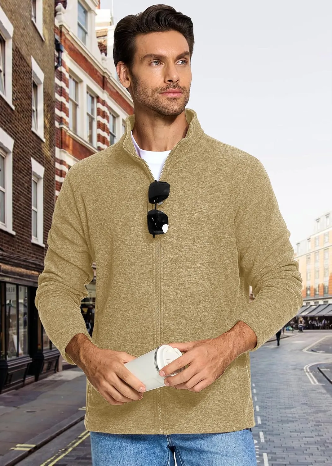 MAGCOMSEN Men's Fleece Full Zip Jacket Lightweight Stand Collar Jackets Soft Warm Windproof Casual Coats with Zipper Pockets