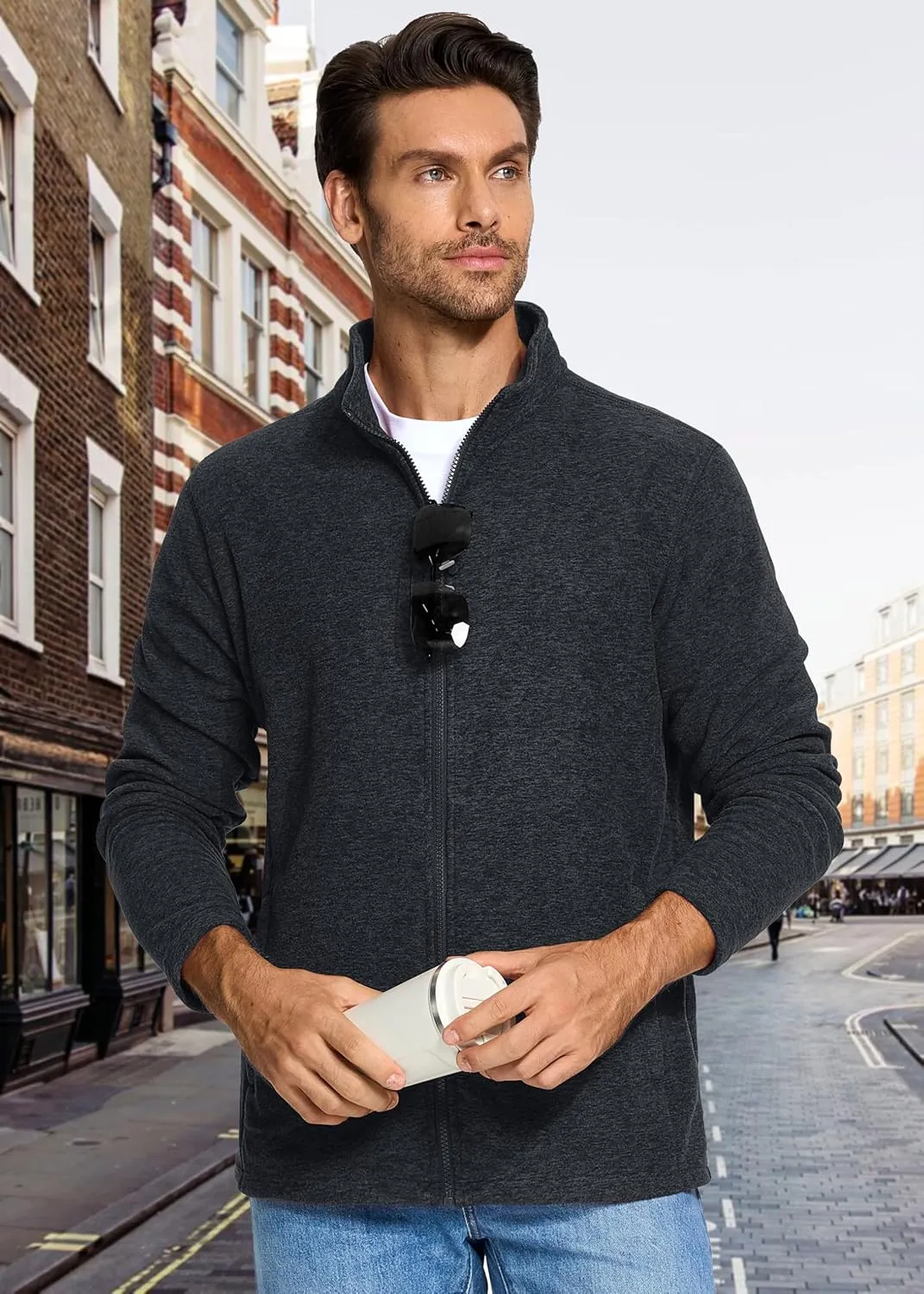 MAGCOMSEN Men's Fleece Full Zip Jacket Lightweight Stand Collar Jackets Soft Warm Windproof Casual Coats with Zipper Pockets