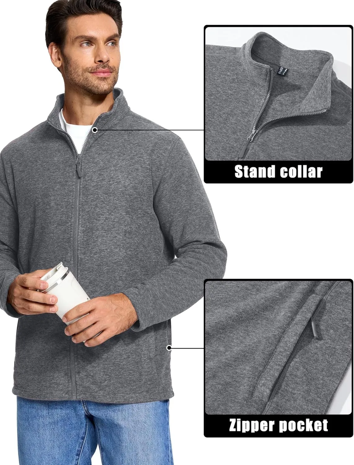 MAGCOMSEN Men's Fleece Full Zip Jacket Lightweight Stand Collar Jackets Soft Warm Windproof Casual Coats with Zipper Pockets