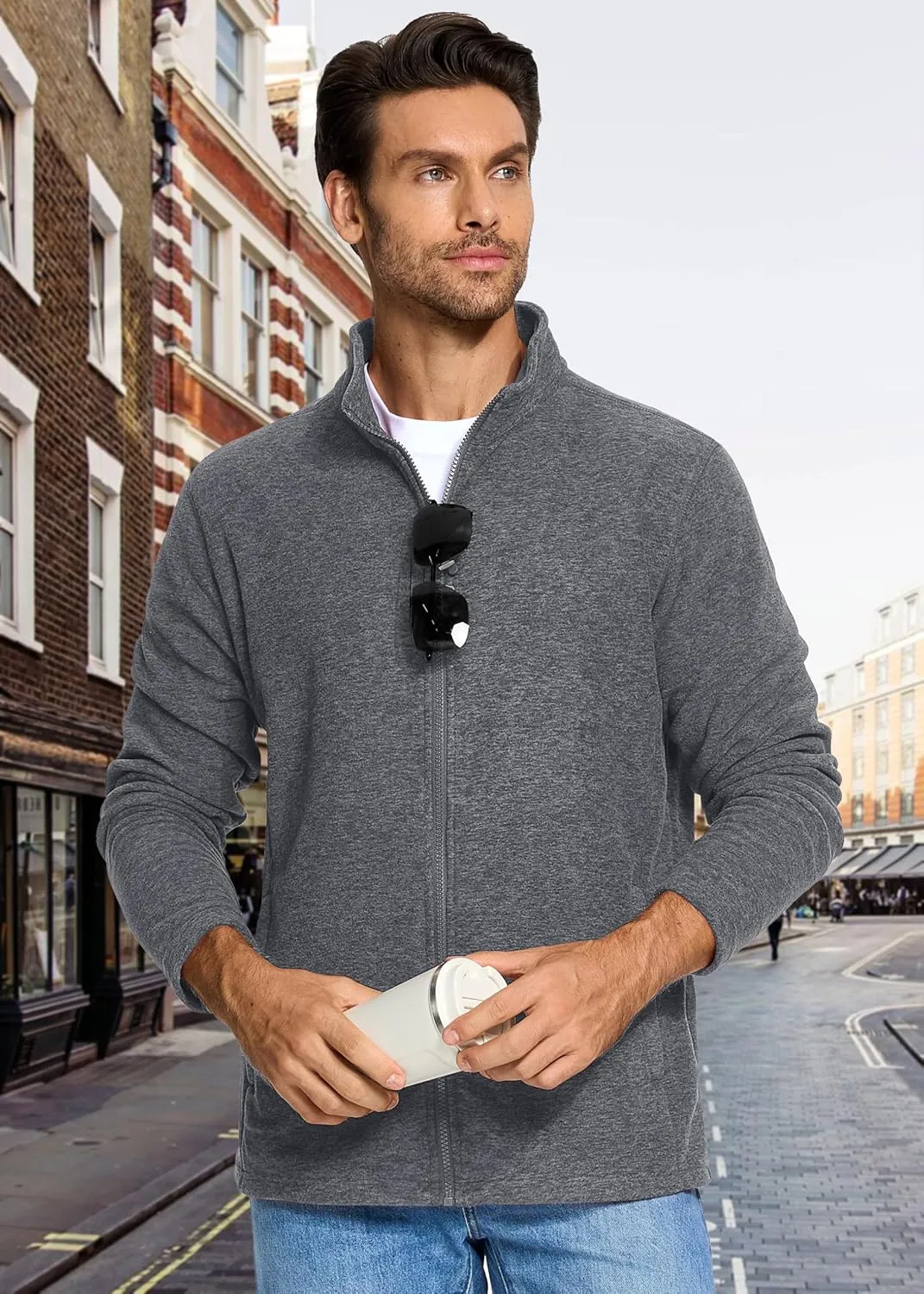 MAGCOMSEN Men's Fleece Full Zip Jacket Lightweight Stand Collar Jackets Soft Warm Windproof Casual Coats with Zipper Pockets
