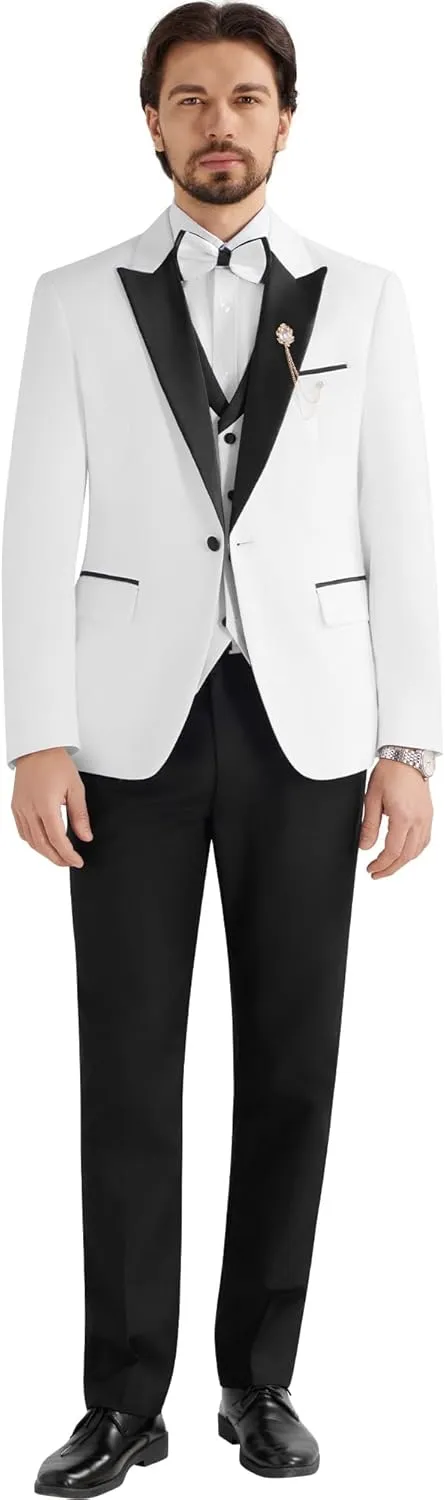 MAGE MALE Mens Suit Slim Fit 3 Piece Tuxedo Suits One Button Wedding Prom Party Dinner Blazer Vest Black Pants Set