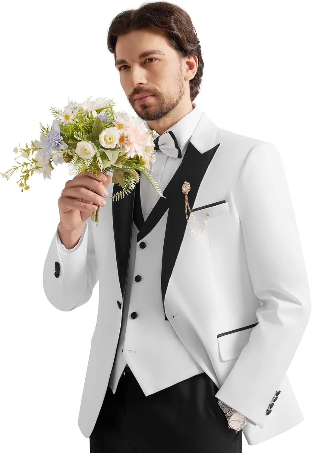 MAGE MALE Mens Suit Slim Fit 3 Piece Tuxedo Suits One Button Wedding Prom Party Dinner Blazer Vest Black Pants Set