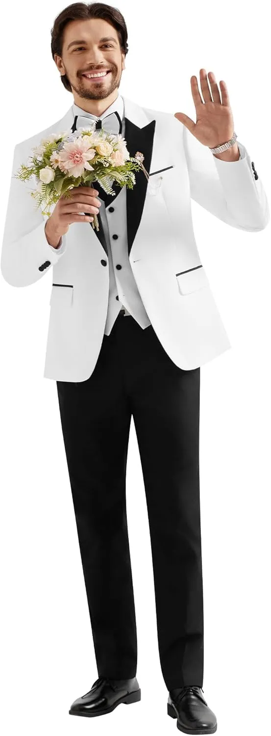 MAGE MALE Mens Suit Slim Fit 3 Piece Tuxedo Suits One Button Wedding Prom Party Dinner Blazer Vest Black Pants Set