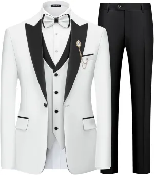 MAGE MALE Mens Suit Slim Fit 3 Piece Tuxedo Suits One Button Wedding Prom Party Dinner Blazer Vest Black Pants Set