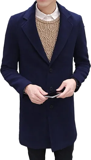 Maiyifu-GJ Men's Wool Blend Pea Coat Notched Lapel Single Breasted Long Peacoat Overcoat Warm Winter Trench Coat