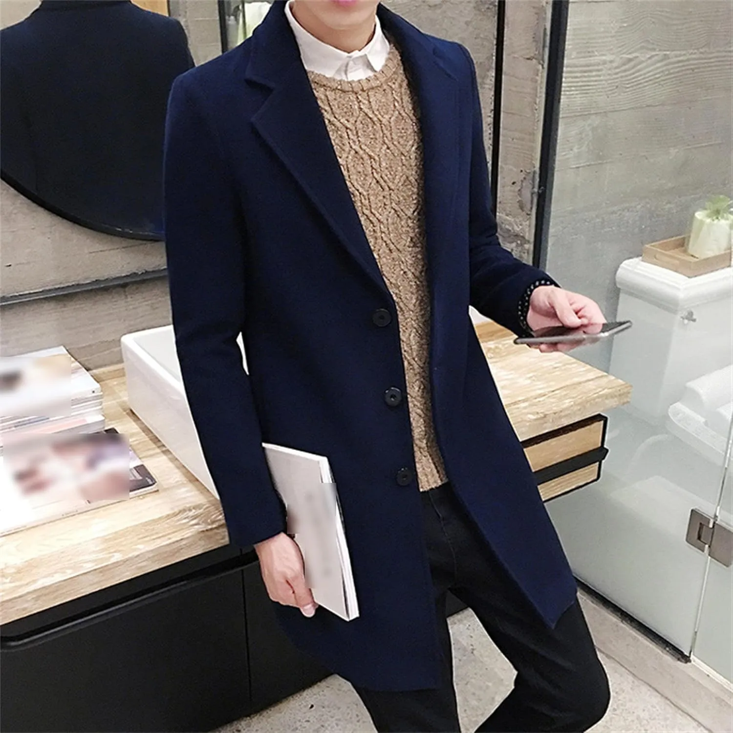 Maiyifu-GJ Men's Wool Blend Pea Coat Notched Lapel Single Breasted Long Peacoat Overcoat Warm Winter Trench Coat
