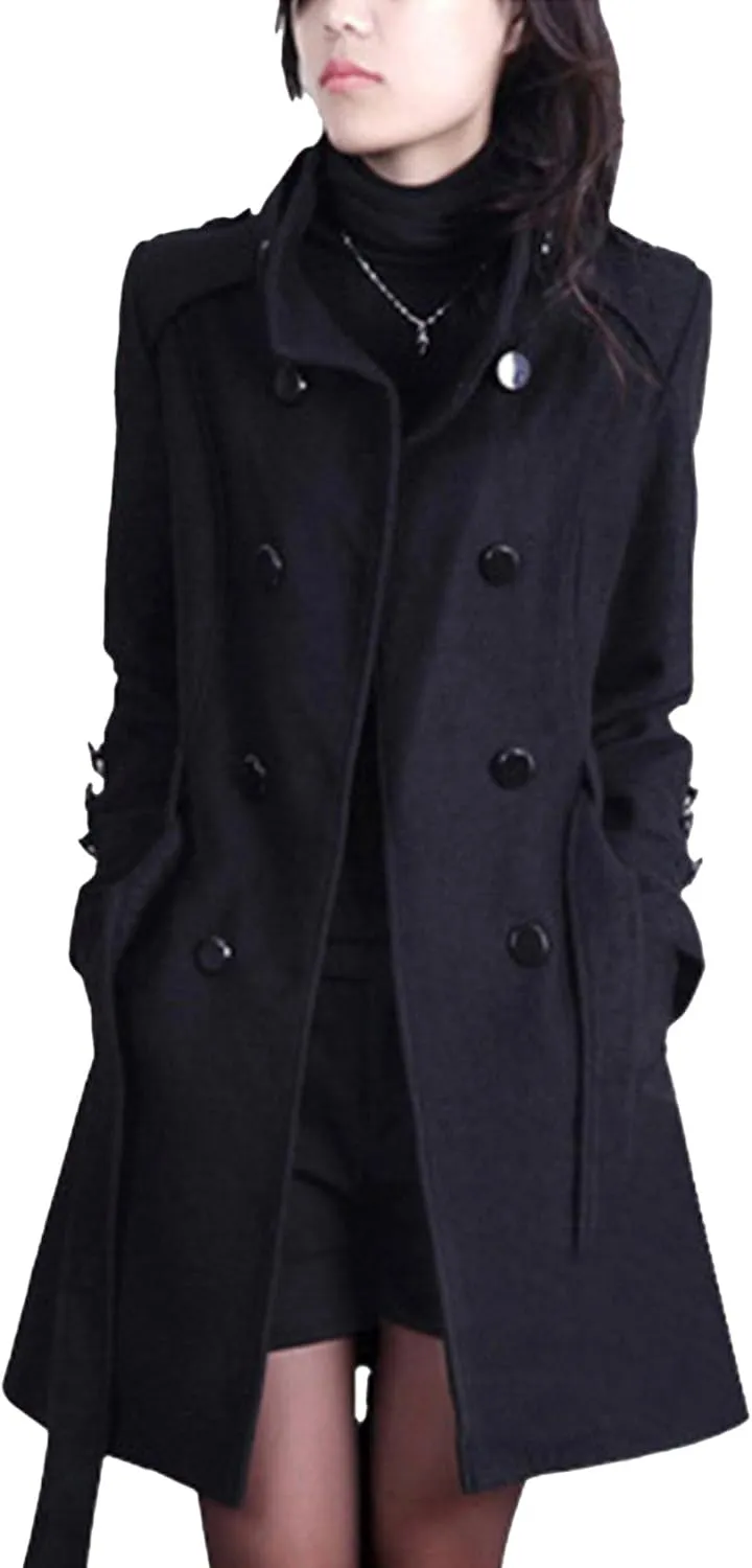 Maiyifu-GJ Women's Casual Windbreaker Overcoat Double Breasted Wool Blend Coat Classic Lapel Slim Trench Coat with Belts