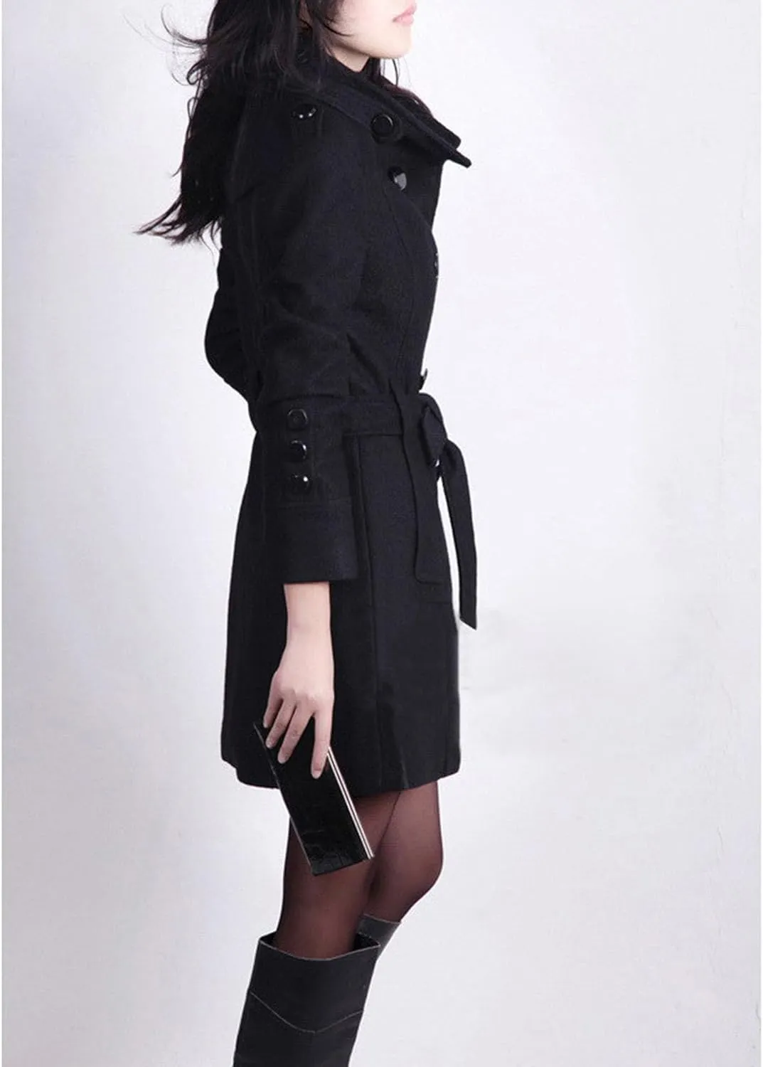 Maiyifu-GJ Women's Casual Windbreaker Overcoat Double Breasted Wool Blend Coat Classic Lapel Slim Trench Coat with Belts