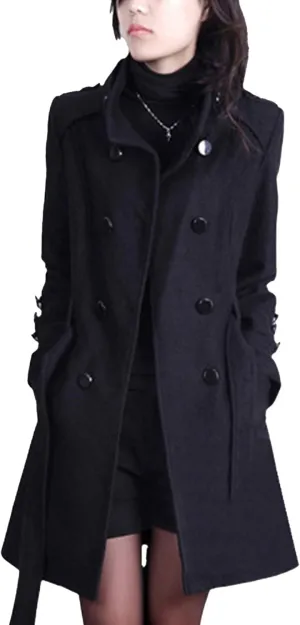 Maiyifu-GJ Women's Casual Windbreaker Overcoat Double Breasted Wool Blend Coat Classic Lapel Slim Trench Coat with Belts