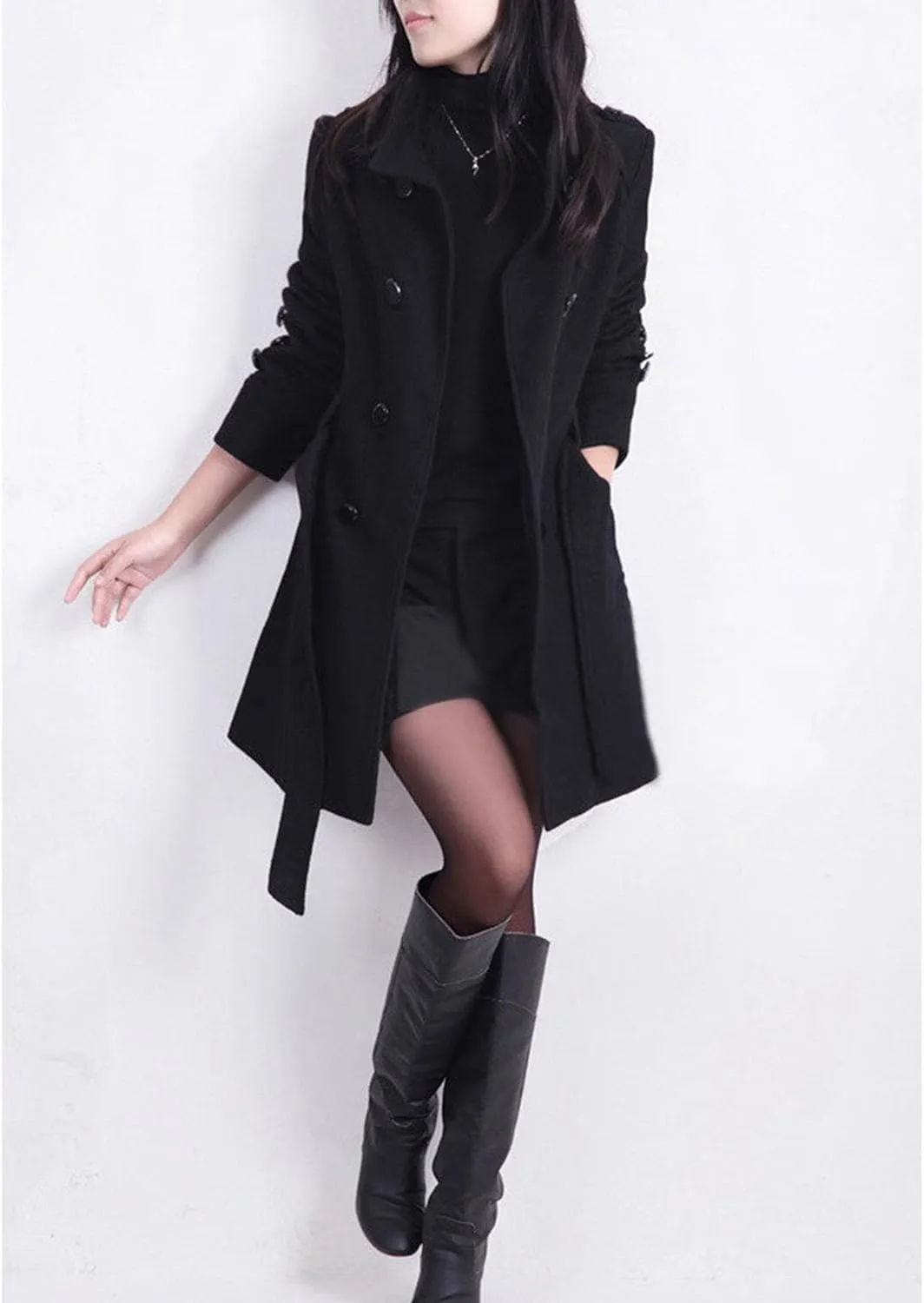 Maiyifu-GJ Women's Casual Windbreaker Overcoat Double Breasted Wool Blend Coat Classic Lapel Slim Trench Coat with Belts