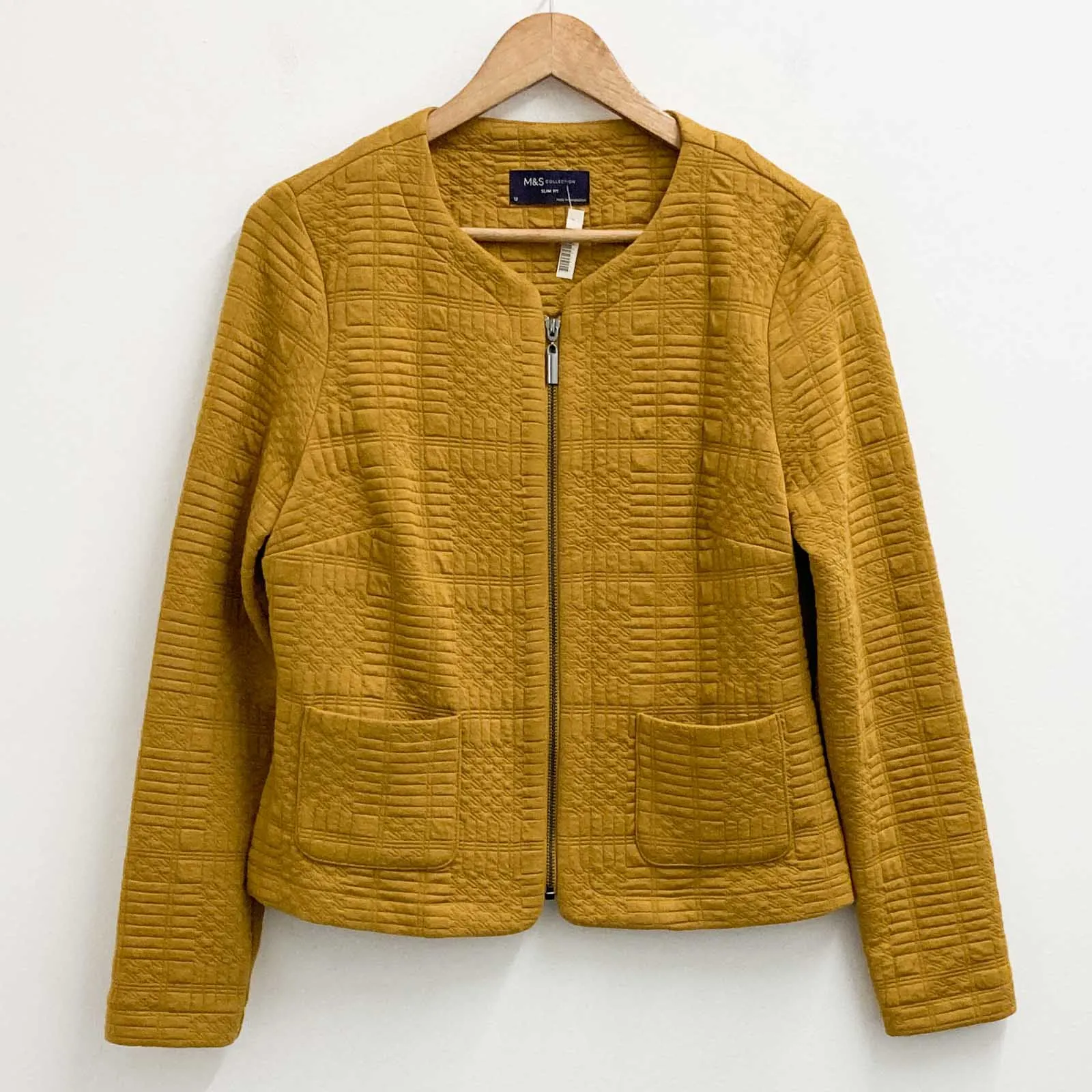 M&S Collection Jacket Size 12 Ochre Yellow Slim Fit Zip Jersey Unlined