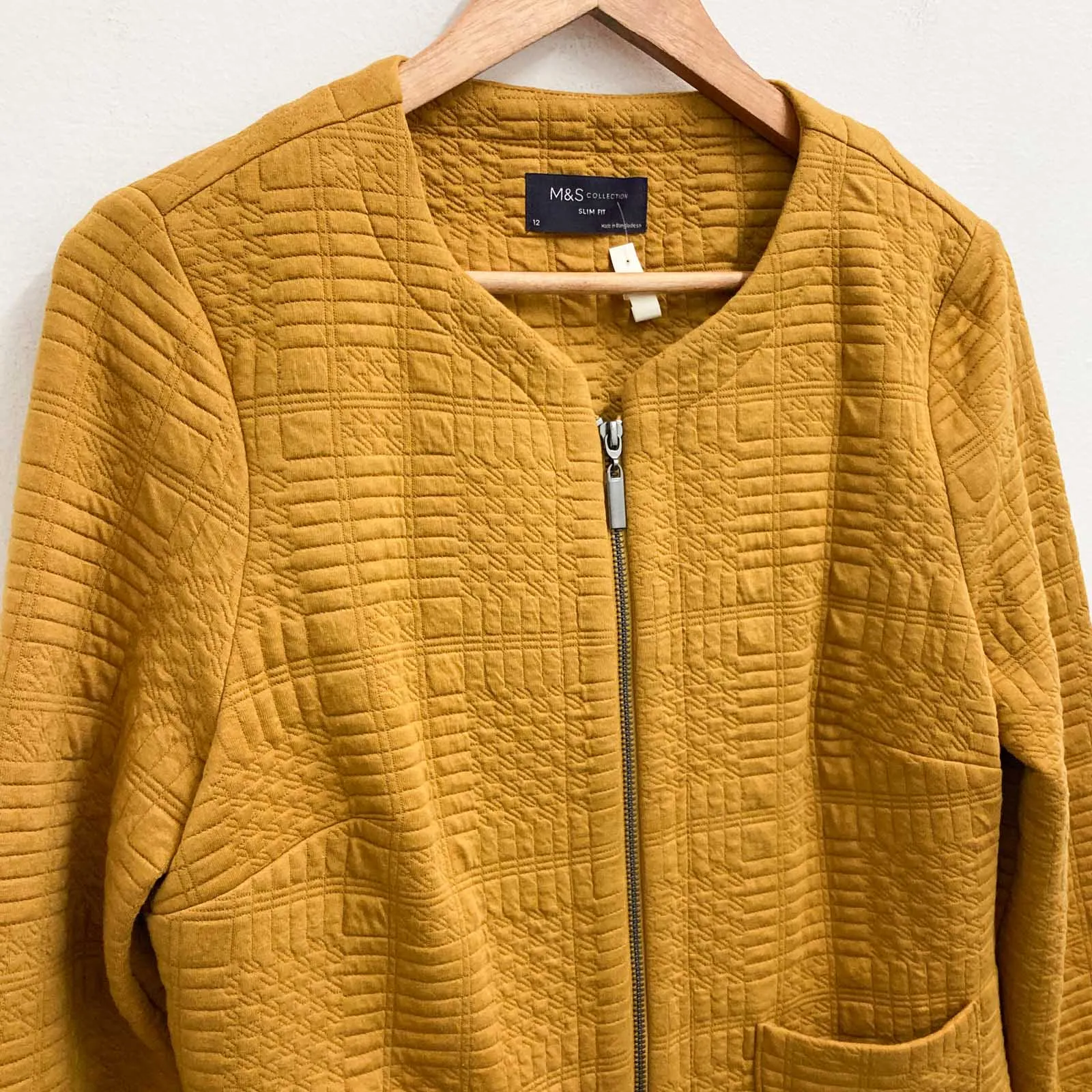 M&S Collection Jacket Size 12 Ochre Yellow Slim Fit Zip Jersey Unlined