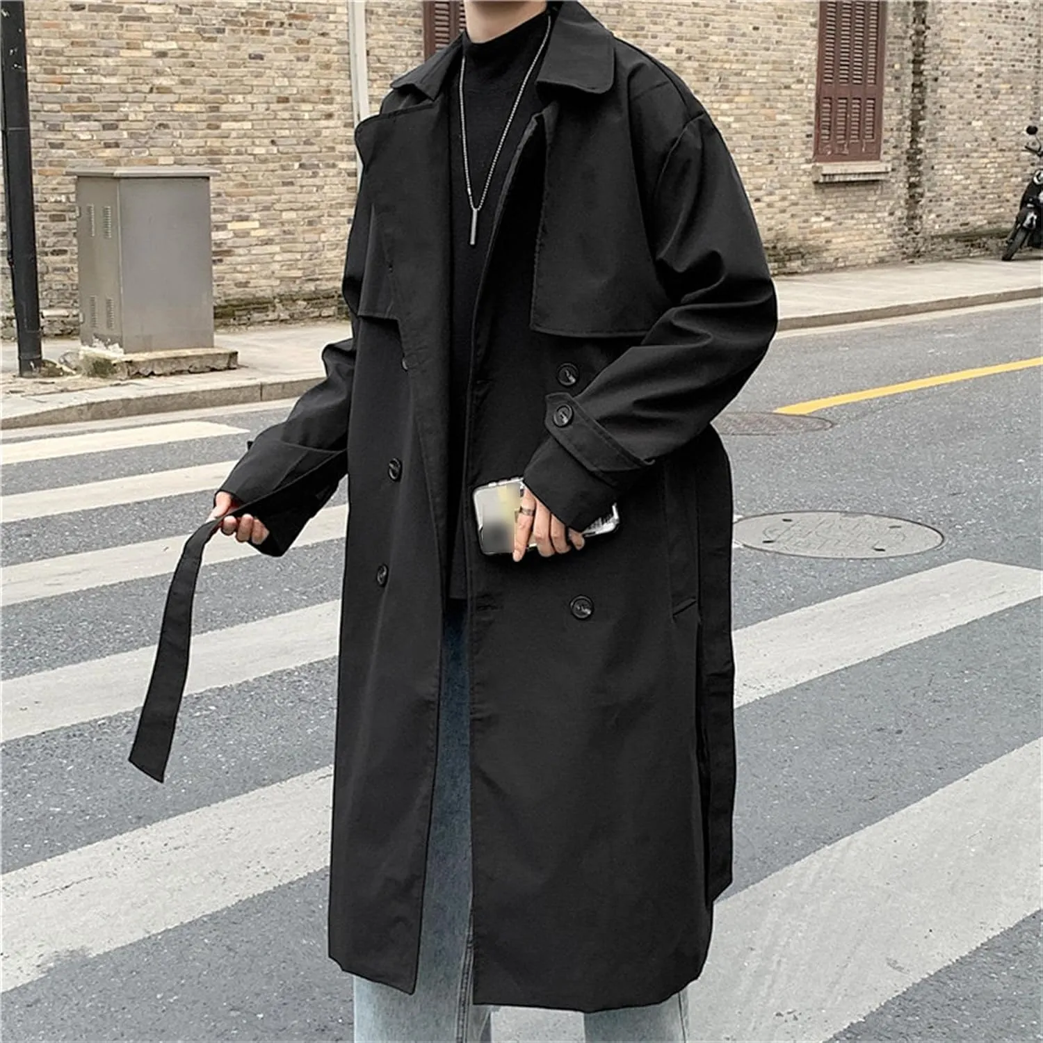 Man's Double Breasted Trench Coat Oversized Casual Windbreaker Casual Lapel Long Jacket Overcoat